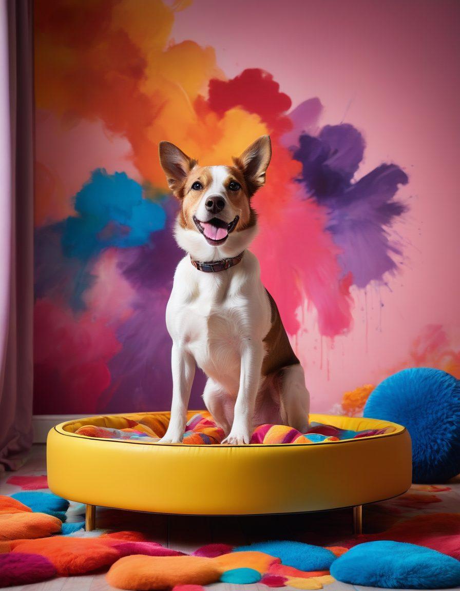 A striking juxtaposition of a professional dog photographer capturing an elegant canine model in a playful pose, surrounded by a vibrant and appealing adult-themed art backdrop. The scene should be colorful, with soft lighting to create a whimsical yet provocative atmosphere. Include elements like stylish props that flirt with the boundaries of tasteful adult entertainment. super-realistic. vibrant colors. artistic blend.