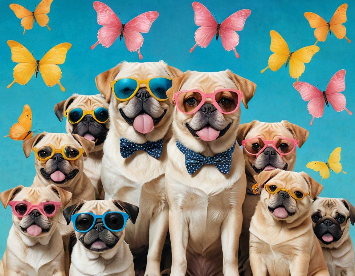 A whimsical collage featuring an array of adorable dogs in playful poses, interspersed with subtle hints of adult-themed illustrations; create a contrast between the innocent dog imagery and cheeky, suggestive elements. The background should be a vibrant gradient blending soft pastels, enhancing the surreal aesthetic of the piece. Include exaggerated cartoonish details for humor and draw viewers in with a playful vibe. surrealistic artwork. vibrant colors. playful composition.