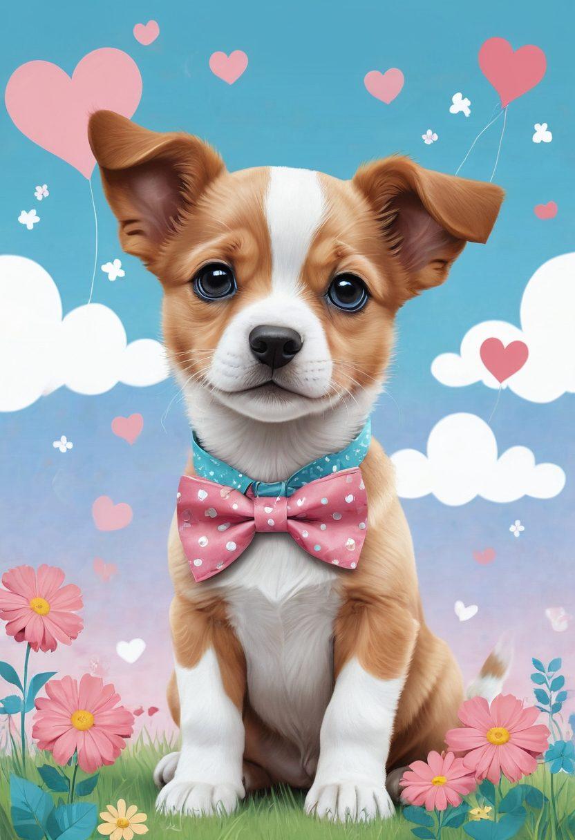 A whimsical yet provocative illustration depicting a playful puppy with an exaggeratedly flirty pose, adorned in cute accessories like a collar and bowtie. The background should feature a surreal mix of hearts and paw prints, blending innocence with allure. Use vibrant pastel colors to accentuate the cuteness while incorporating a subtle hint of seduction. Include dream-like elements like floating flowers and soft clouds. vector art. vibrant colors.